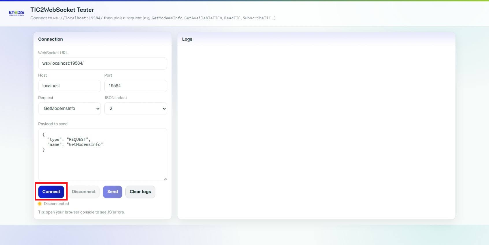 Bouton Connect utilisé pour ouvrir la session WebSocket