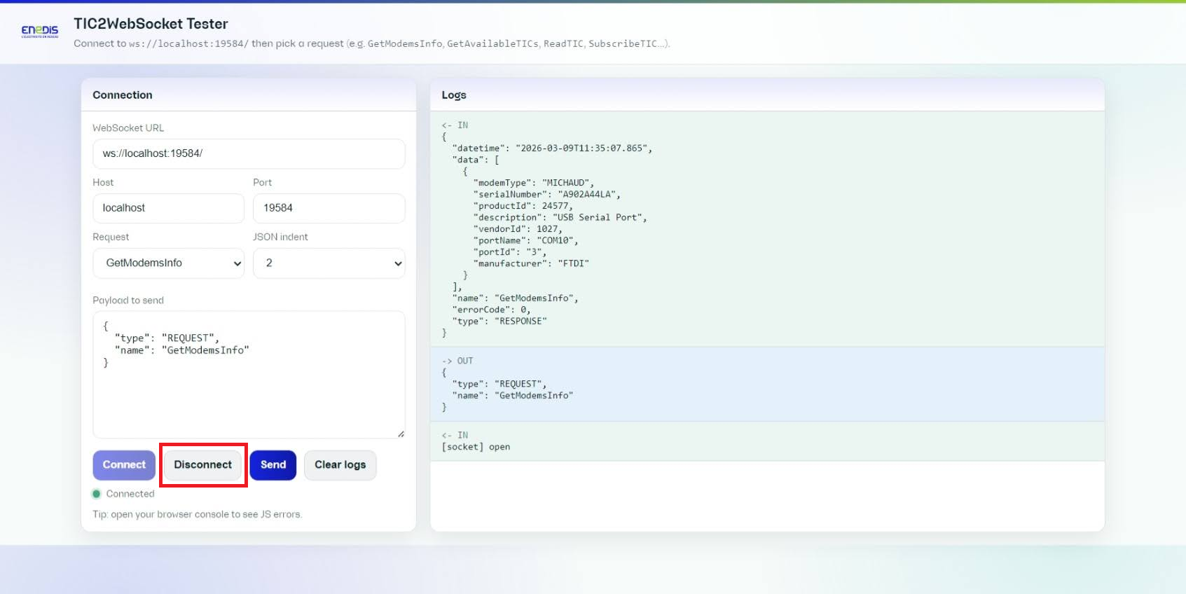 Bouton Disconnect utilisé pour fermer la session WebSocket