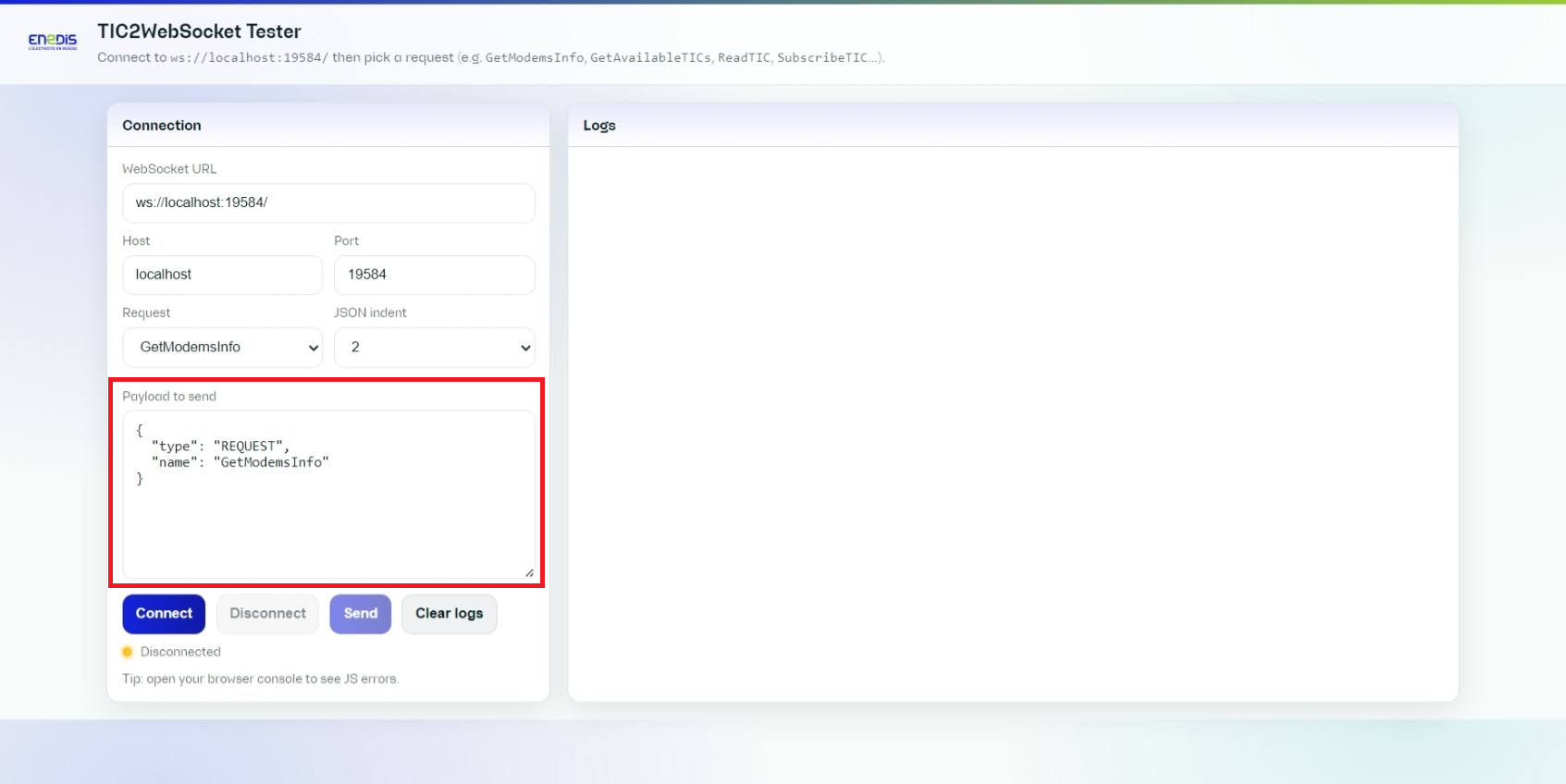 Payload JSON généré affiché dans l'éditeur