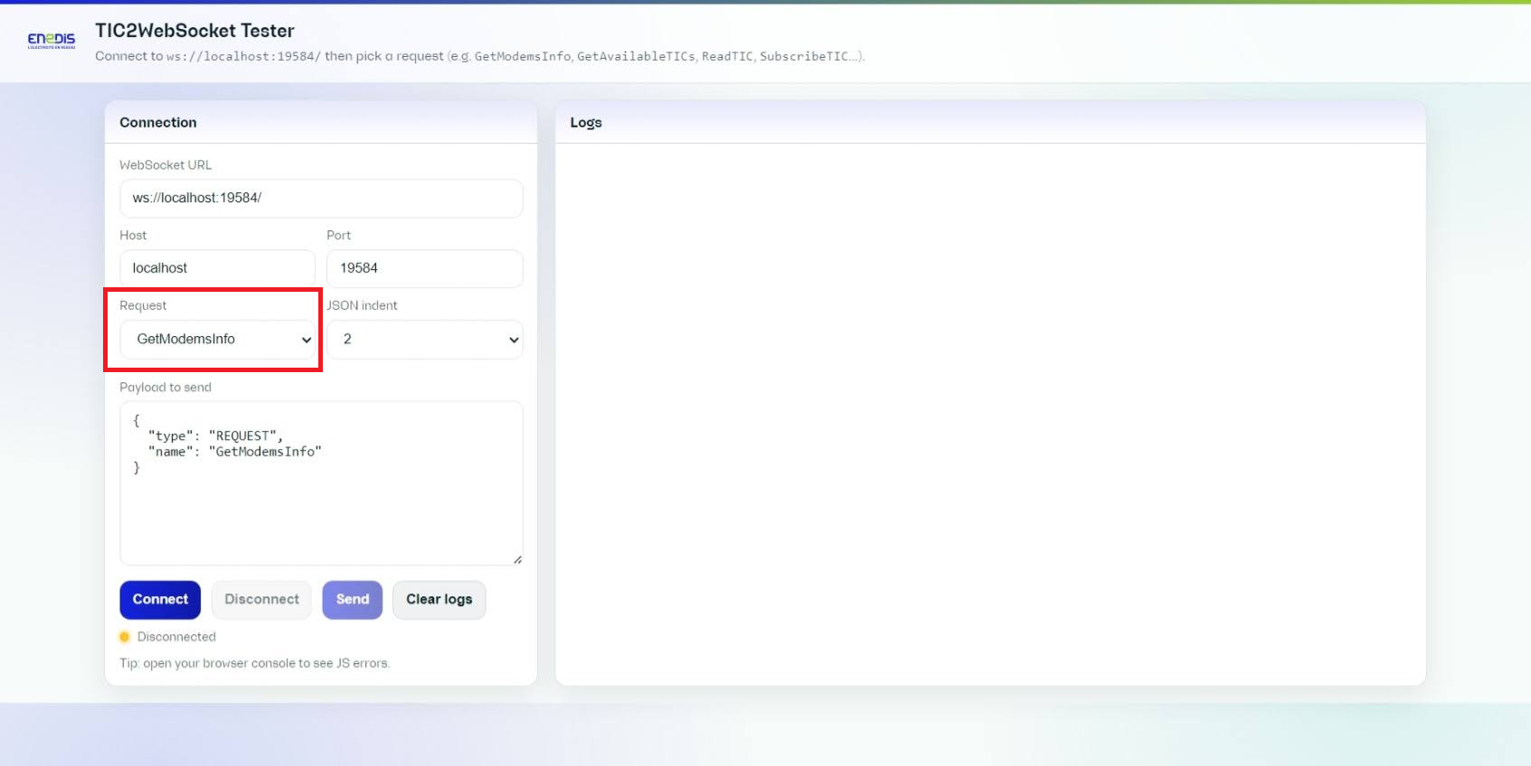 Sélecteur de preset de requête dans le WebSocket tester