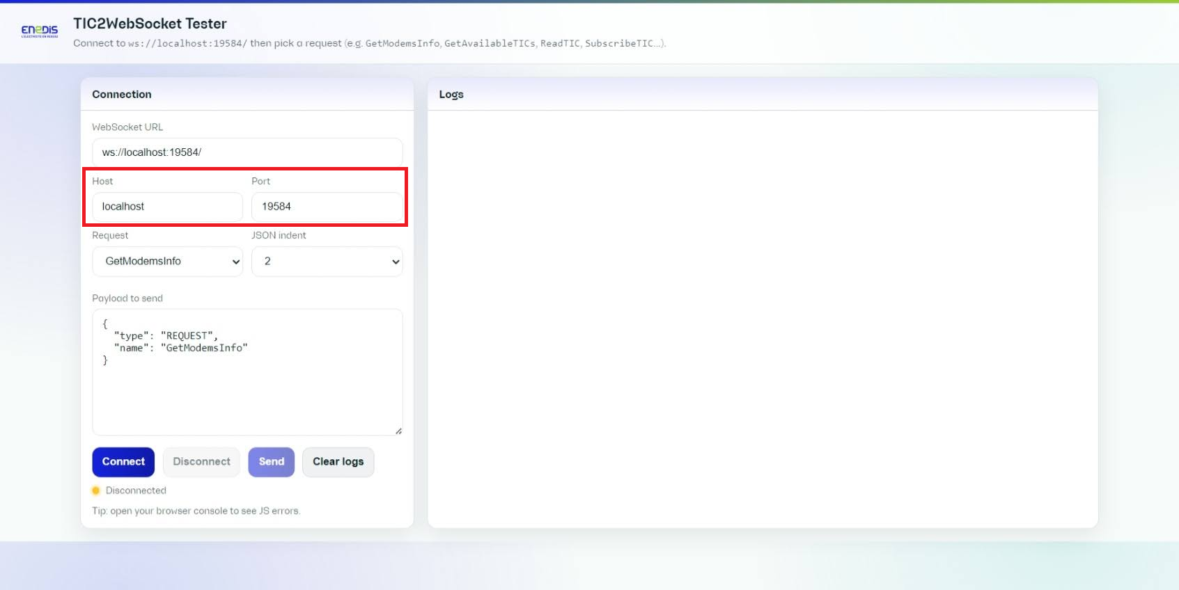 Champs de connexion avec l'URL WebSocket, l'hôte et le port